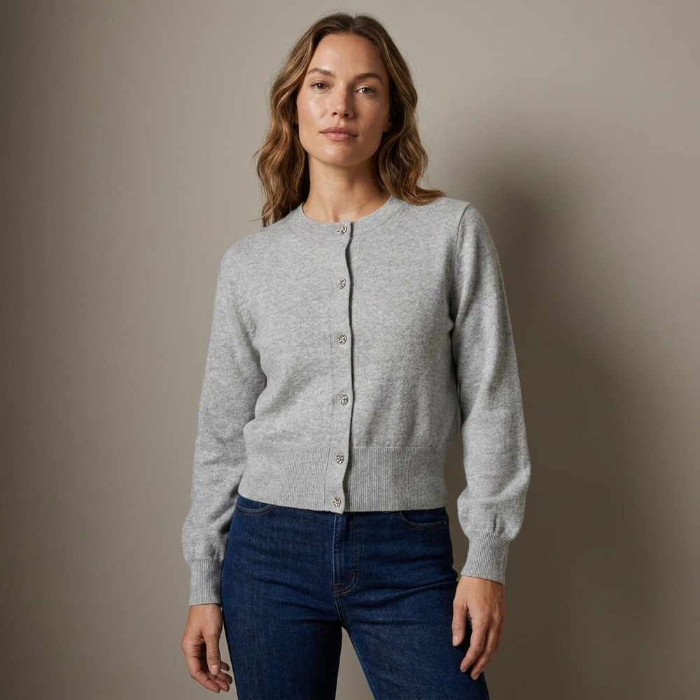 J CREW Womens Cardigan L Gray 100% Cashmere Crystal Button Quiet Luxury